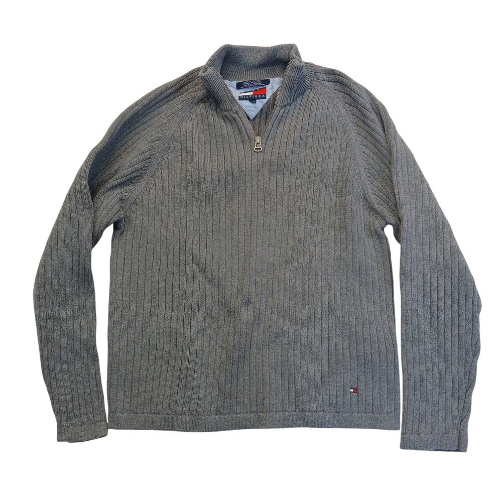 Tommy Hilfiger Mens Large Grey Ribbed Knit Quarter Zip Sweater